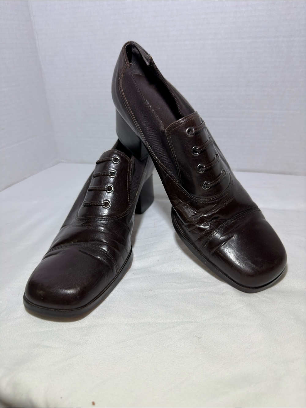 Enzo Angiolini Vintage Dark Brown Leather Block Heel Oxford Pumps Sz 8N